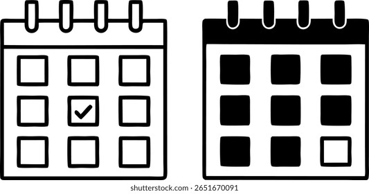 Two calendar icons are displayed. One shows a checkmark on a date. The other has most dates filled in black. Both are simple, modern designs on white background.