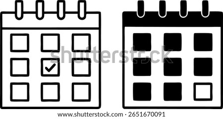 Two calendar icons are displayed. One shows a checkmark on a date. The other has most dates filled in black. Both are simple, modern designs on white background.