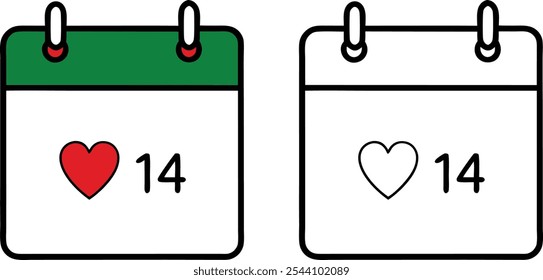 Dos iconos de calendario con el número 14 y un corazón. El icono izquierdo tiene un corazón rojo, mientras que el derecho tiene un corazón blanco. El calendario de la izquierda tiene una parte superior verde.