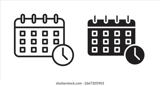 Two calendar icons, one line art, one solid black, each with a clock, isolated on white.