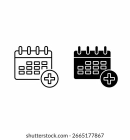 Dos iconos de calendario, uno delineado, uno lleno, ambos con un signo más que indica agregar o programar.