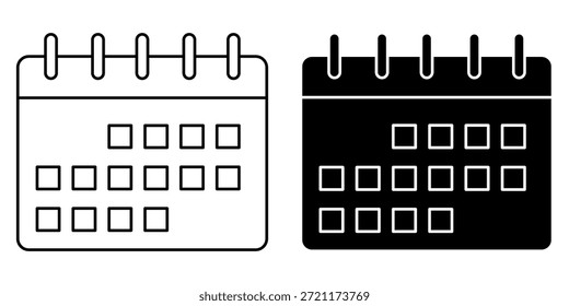 Dos iconos de calendario, uno delineado y otro negro sólido, mostrando una cuadrícula de fechas.