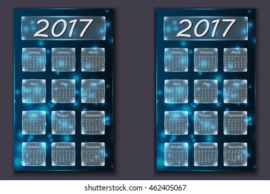 two calendars with abstract bokeh background in 2017 year, beginning with Monday and Sunday