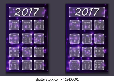 two calendars with abstract bokeh background in 2017 year, beginning with Monday and Sunday