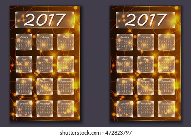two calendars with abstract bokeh background in 2017 year, beginning with Monday and Sunday