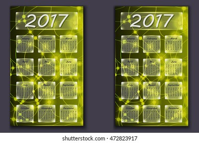two calendars with abstract bokeh background in 2017 year, beginning with Monday and Sunday