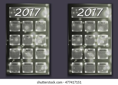 two calendars with abstract bokeh background in 2017 year, beginning with Monday and Sunday