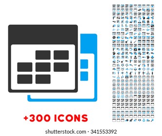 Two Calendars vector pictogram with additional 300 date and time management icons. Style is bicolor flat symbols, blue and gray colors, rounded angles, white background.