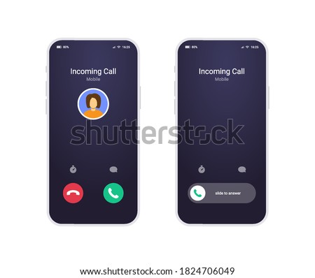 Two call screen on white mobile phone with answer button, avatar and status bar. Incoming call interface in modern flat style, ui mockup for your app or design.