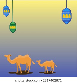 dos camellos y diseño decorativo de linternas ilustración vectorial en fondo brillante