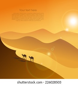 Two camels in the evening desert. Vector background