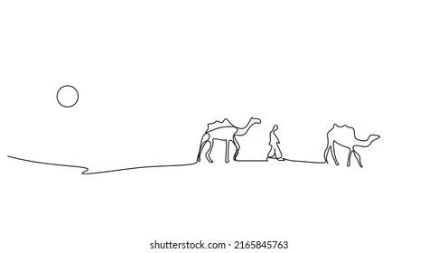 two camels and one person walking in the desert single line design