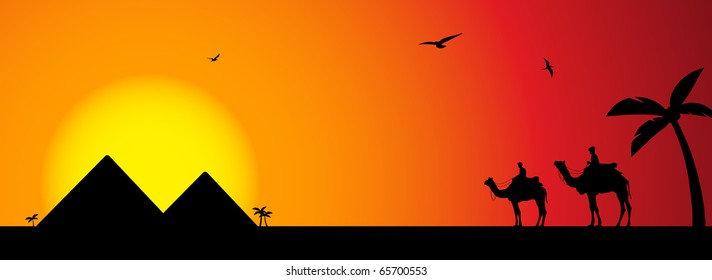 Two camels riding in the desert, at sunset with bright colors. Editable vector file.