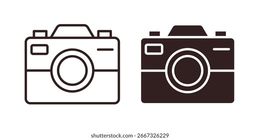 Dos iconos de cámara: una línea de arte, uno sólido. Diseño simple, limpio, aislado en blanco.