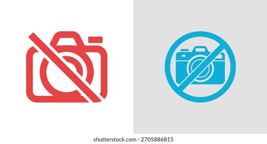 Two camera icons in red and blue with a forbidden sign overlayed, set against white and gray backgrounds, convey a clear message of no photography allowed.