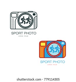 Two camera logo templates for sport photographer, vector illustration isolated on white background. Two variants of camera logo badge logotype template for sport photography