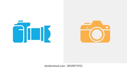 Two camera for and media, one blue and one orange, isolated on a light gray background, for digital interface usage