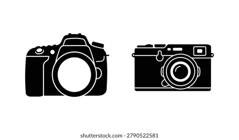 two camera silhouettes on white background silhouette cameras dslr mirrorless photography black icon vector graphic design