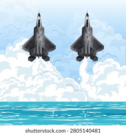 Two camouflaged stealth bombers soar over a turquoise ocean under a cloudy blue sky.