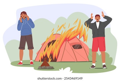 Dos Campistas Reaccionan Con Conmoción Y Pánico Mientras Su Carpa Se Incendia, Mostrando Los Peligros De Las Fogatas Desatendidas. Cartoon Scene Destaca La Importancia De La Seguridad Contra Incendios Y La Precaución En Las Configuraciones Al Aire Libre