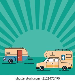 two campers in sunburst scene