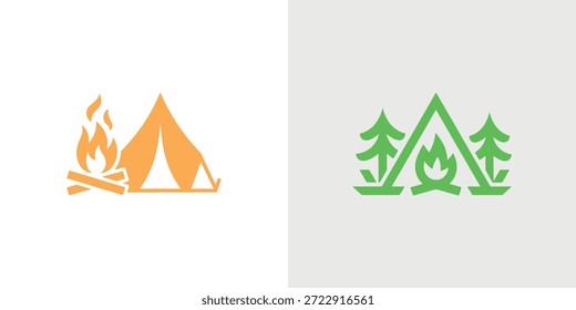 Dos iconos de camping: uno con una fogata y tienda de campaña, el otro con árboles y fuego.