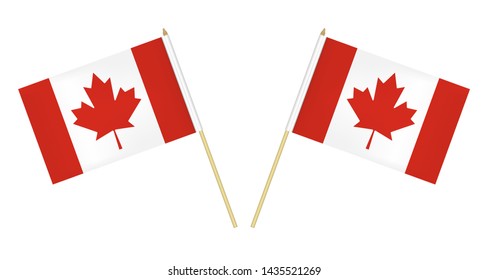 Two Canadian flags isolated on white background, vector illustration. The flag of Canada on pole.