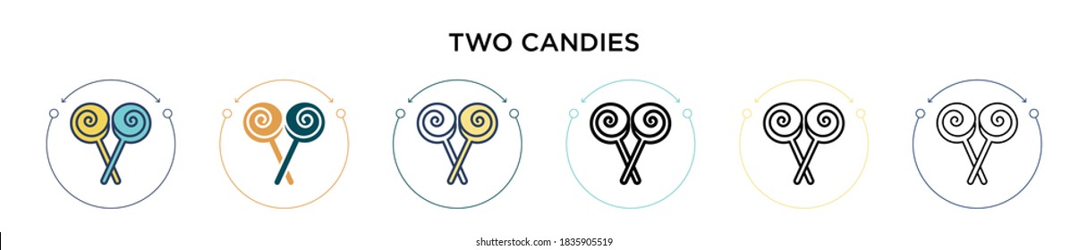 Two candies icon in filled, thin line, outline and stroke style. Vector illustration of two colored and black two candies vector icons designs can be used for mobile, ui, web