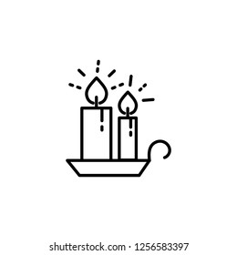 two candle light burning shine line icon black on white background