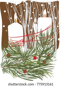 Two candles burn on the Christmas table. A decorated Christmas tree, beads and snow. Colored illustration silhouette image.