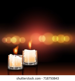 Two candles in clear glasses with fire and lighting. Vector illustration.