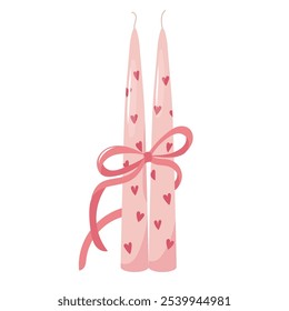 Two candles decorated with hearts and tied with ribbon. Scented candlelight with flame exudes cozy relax atmosphere Aromatherapy, relaxation, home decoration Flat vector illustration isolated on white