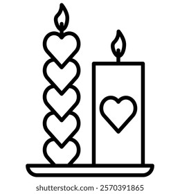 Two candles with heart decorations, line art icon illustration. Perfect for Valentine's Day, romantic themes, and spa or relaxation designs.