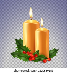 Two candles and holly isolated on transparent background. Merry Christmas, symbol, holiday, religion. Beautiful background, postcard. 3D effect. Vector