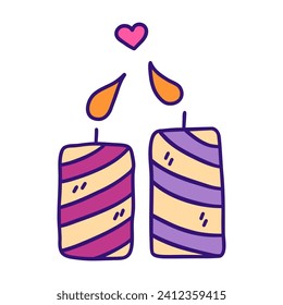 Dos velas enamoradas inclinaron sus llamas unas hacia otras. Concepto de San Valentín. Colorido vector ilustraciones aisladas dibujos a mano dibujos de dibujos de dibujos de doodle arte, 14 de febrero, declaración de sentimientos