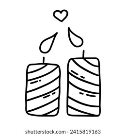 Dos velas enamoradas inclinaron sus llamas unas hacia otras. Concepto de San Valentín. Vector negro y blanco ilustraciones aisladas dibujos a mano dibujos de dibujos de dibujos de doodle arte. 14 de febrero, declaración de sentimientos