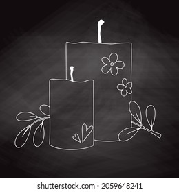 Two candles and a plant. Candles isolated on white background. Vector illustration in sketch style.