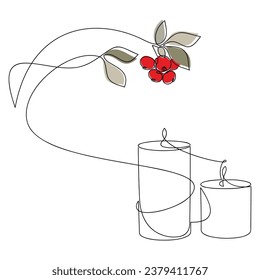 Two candles red berries festive branch line continuous drawing vector. Hand drawn illustration, graphic design, print, banner, card, poster, sign, symbol, logo, Christmas ornament, holiday decor icon.