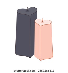 Two Candles in shape of Hearts with wick. Wax tall. Interior element for Valentine Day. Pair black, pink object of romance, Love. Paraffin. Isolated element on white background. Vector illustration