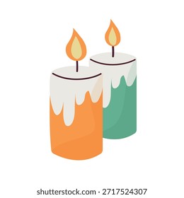 Duas velas ficam ao lado uma da outra, uma laranja e a outra verde. Cada vela tem uma chama acesa por cima. Eles mostram cera derretendo ao redor das bordas.