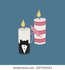 Two candles in a tailcoat and with pink ribbons.
