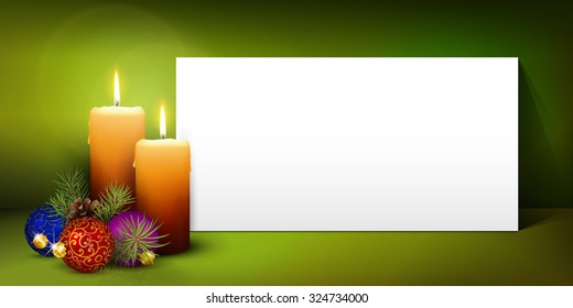 Two Candles with White Panorama Paper Panel and Green Background - Advent, Christmas Greeting Card Template - Free Space for Wishes. Second Advent Candle for Christmas Season - Website Head Banner.
