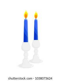 Two candlesticks with burning blue candles, isolated illustration on white background