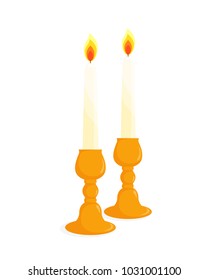 Two candlesticks with burning candles, isolated illustration on white background