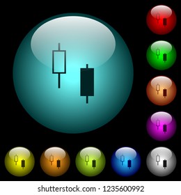 Two candlesticks icons in color illuminated spherical glass buttons on black background. Can be used to black or dark templates