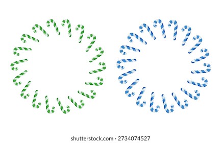 Two candy cane wreaths one green and white striped, the other blue and white striped, arranged symmetrically on white background