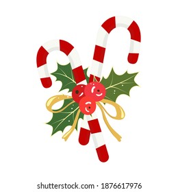 Two candy canes with holly tied with a ribbon. White red striped sweet candy. Holly leaves and berries, golden bow. Christmas traditional gift. Vector illustration, clipart, design for Xmas greetings