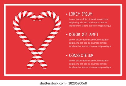 Two candy canes on red background with white frame and place for your text, vector eps10 illustration