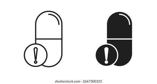 Dos íconos de píldora de cápsula, una línea de arte, un sólido, cada uno con un símbolo de advertencia de signo de exclamación. Aislado en blanco.