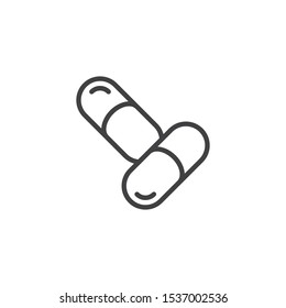 Two capsule pill line icon. linear style sign for mobile concept and web design. Medicine pills outline vector icon. Pain treatment symbol, logo illustration. Vector graphics